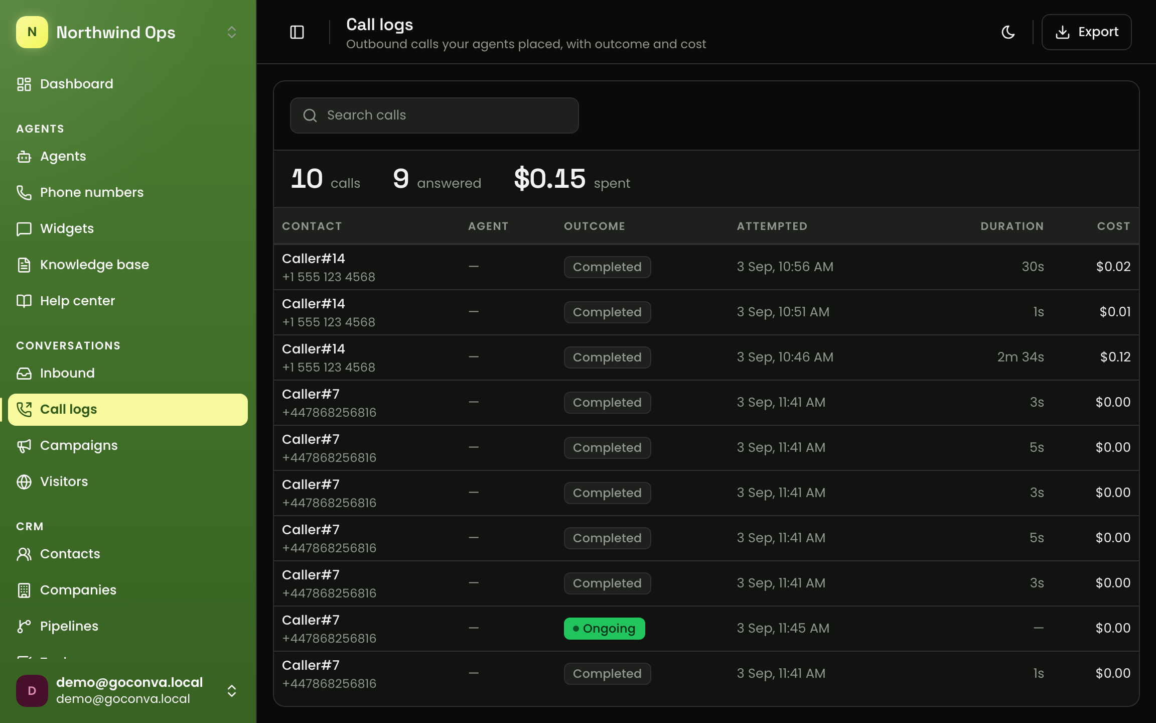 The GOCONVA call log: every outbound call with its outcome, duration, and cost.