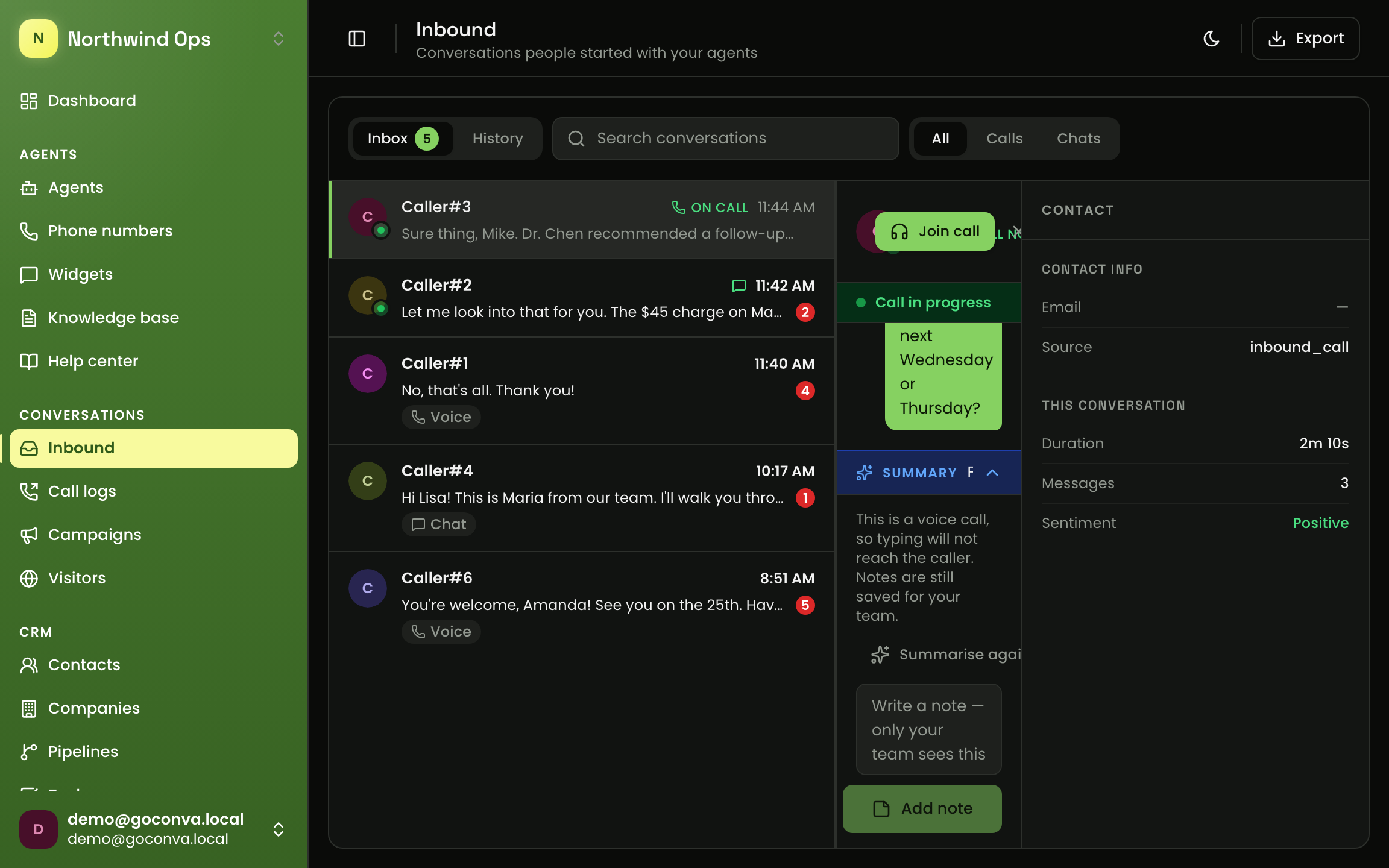 The GOCONVA inbox: a live voice conversation streaming next to the caller's contact record, with a human join-call button.