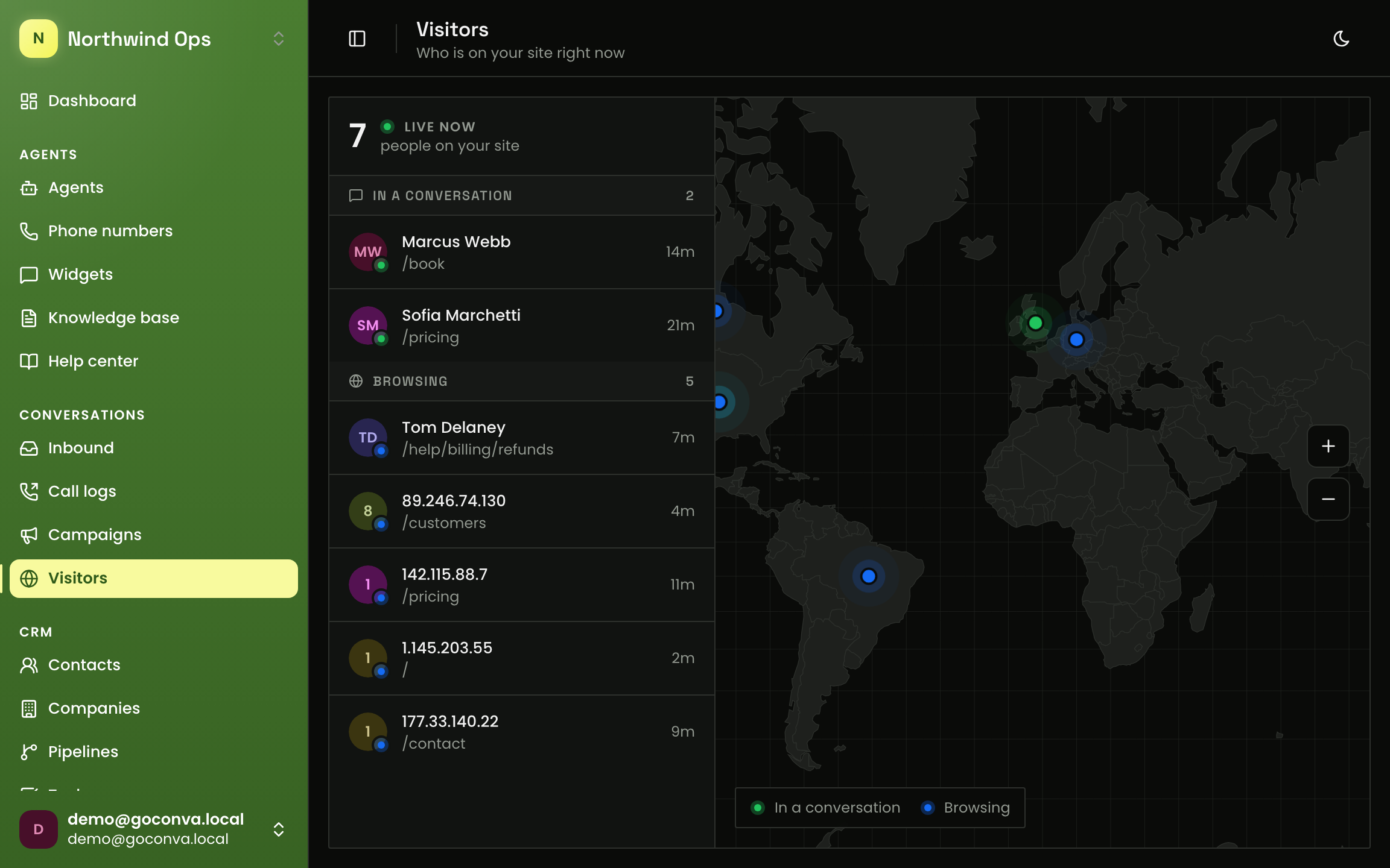 GOCONVA Engagement layer: Who is on your site right now — named when they're a contact, mapped by country, marked when an agent has them in a conversation.